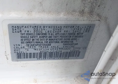 2014 Nissan Sentra S z USA, uszkodzony, nr VIN 3N1AB7AP4EY254068